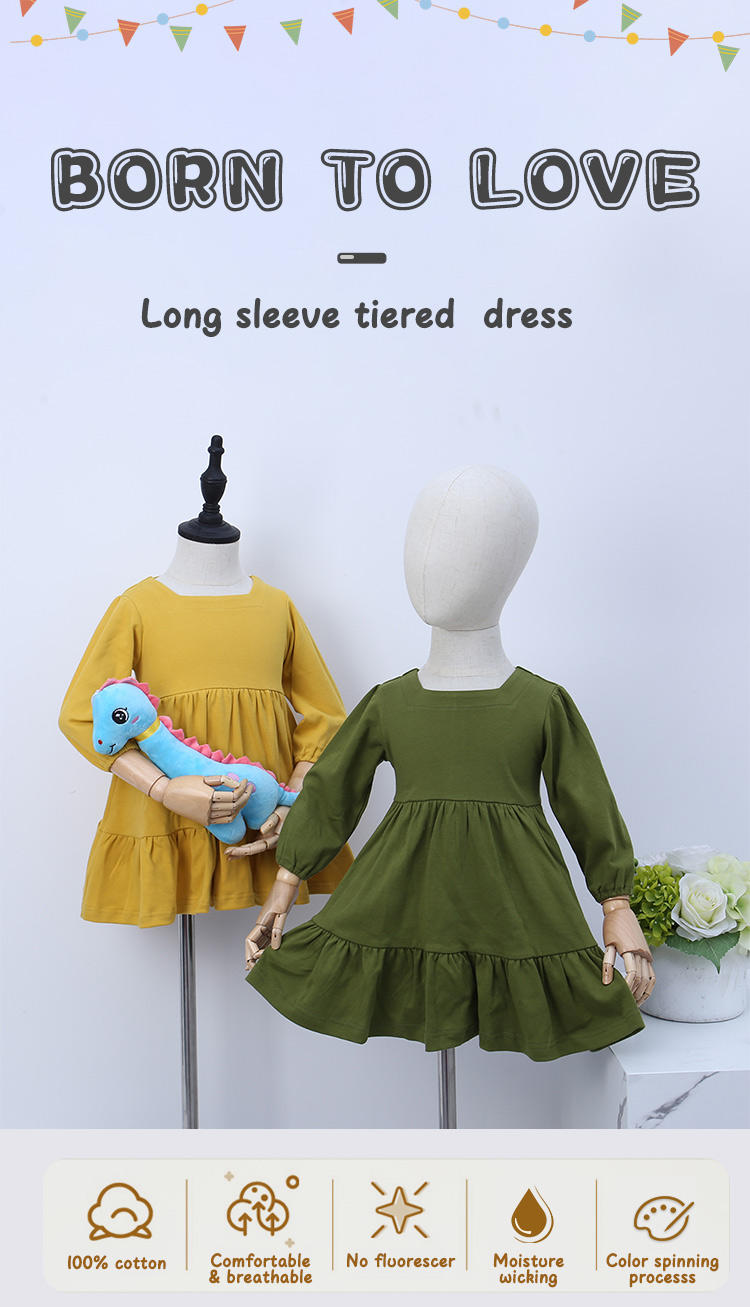 Atacado design personalizado bebê crianças vestido de manga longa lindo macacão de bebê conjunto outono cor sólida moda saia da menina do bebê