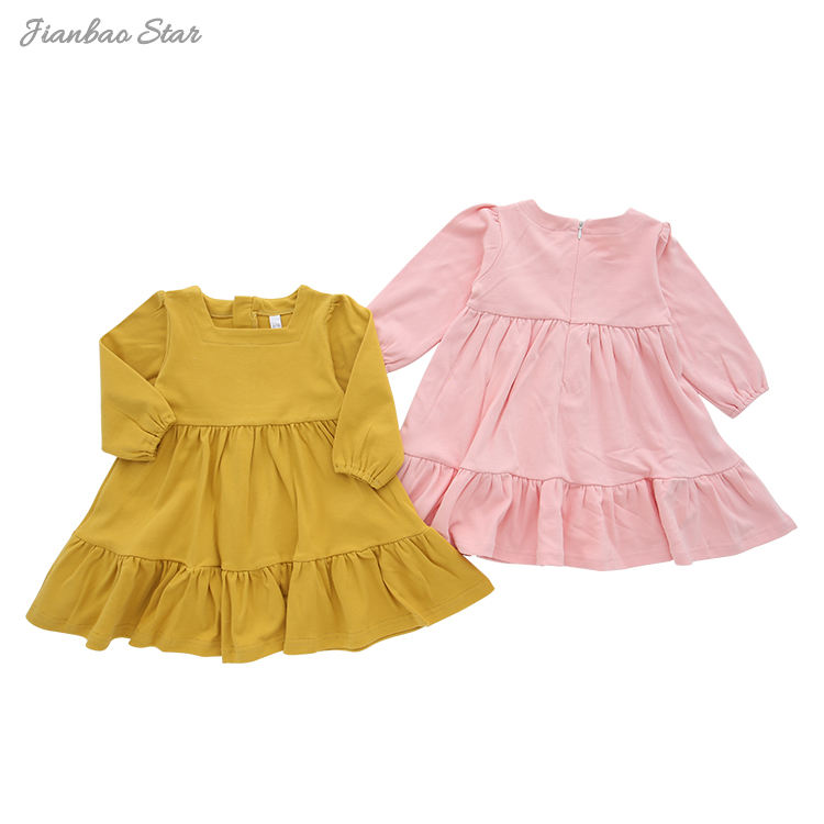 Atacado design personalizado bebê crianças vestido de manga longa lindo macacão de bebê conjunto outono cor sólida moda saia da menina do bebê