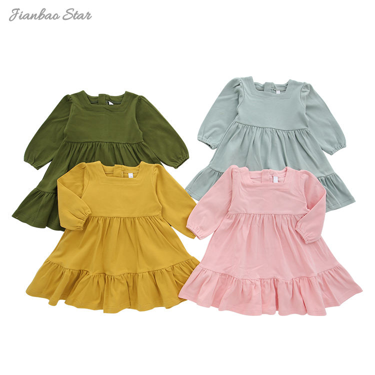 Atacado design personalizado bebê crianças vestido de manga longa lindo macacão de bebê conjunto outono cor sólida moda saia da menina do bebê