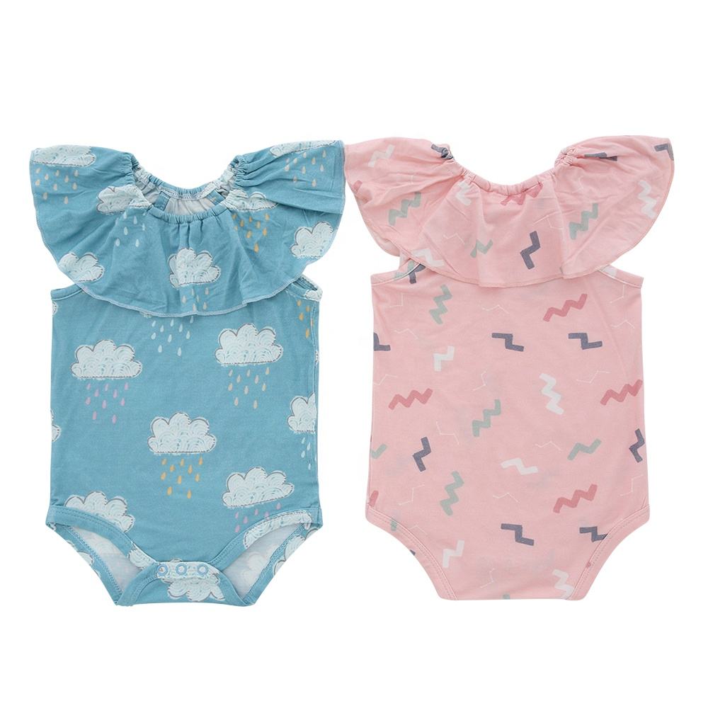 Doce estilo sem mangas bebê meninas macacão verão babado gola redonda terno do bebê roupas de fibra de bambu e elastano