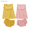 Novo lançamento estilo babado vestido de bebê conjunto com roupa interior verão meninas roupas de bambu elastano algodão saída conjunto de roupas de bebê