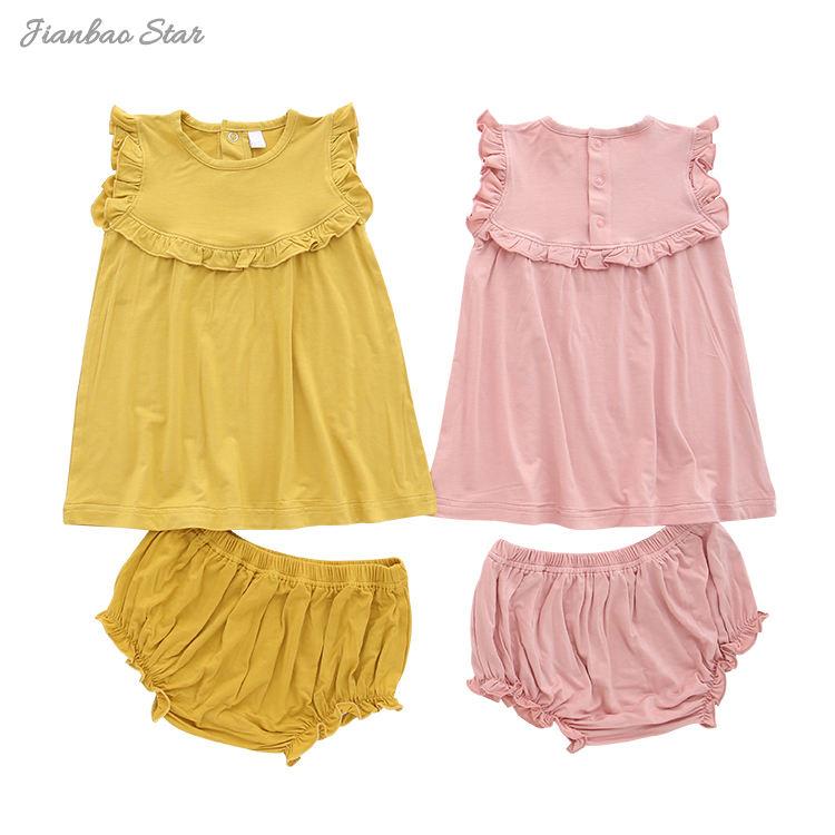 Novo lançamento estilo babado vestido de bebê conjunto com roupa interior verão meninas roupas de bambu elastano algodão saída conjunto de roupas de bebê