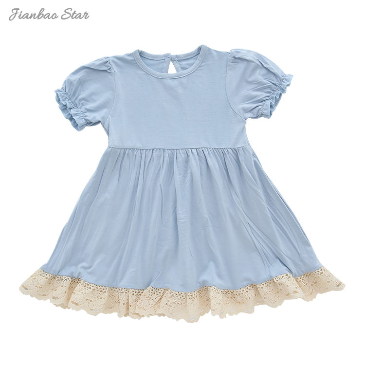 Novo design de manga curta roupas de bebê macio personalizado alta curiosa borda de renda de bambu roupa infantil cor sólida vestido de bebê