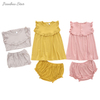 Conjunto de pijamas com babados de manga curta com Bloomer, roupas estilo casual de verão, tecido de algodão de bambu, 2 peças, conjunto de roupas para bebês meninas