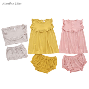 Conjunto de pijamas com babados de manga curta com Bloomer, roupas estilo casual de verão, tecido de algodão de bambu, 2 peças, conjunto de roupas para bebês meninas
