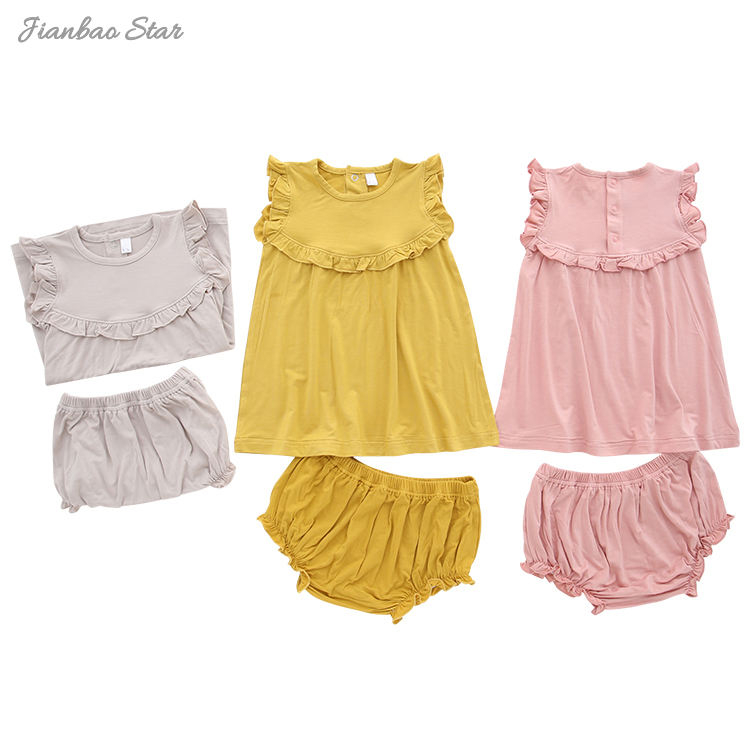 Conjunto de pijamas com babados de manga curta com Bloomer, roupas estilo casual de verão, tecido de algodão de bambu, 2 peças, conjunto de roupas para bebês meninas