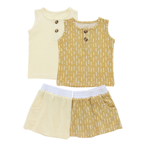 Tops sem mangas para bebês e vestido curto 2 peças conjuntos de roupas de bambu e elastano tricotados com design de botão de abertura
