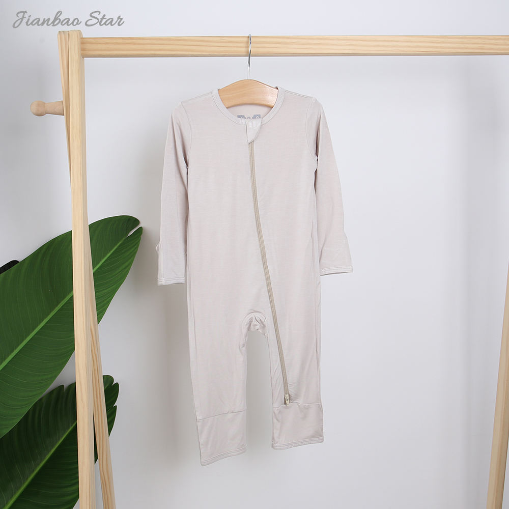 Atacado recém-nascido manga longa zíper outono inverno roupas de bebê personalizado cor sólida unisex 95% macacão de bebê de bambu